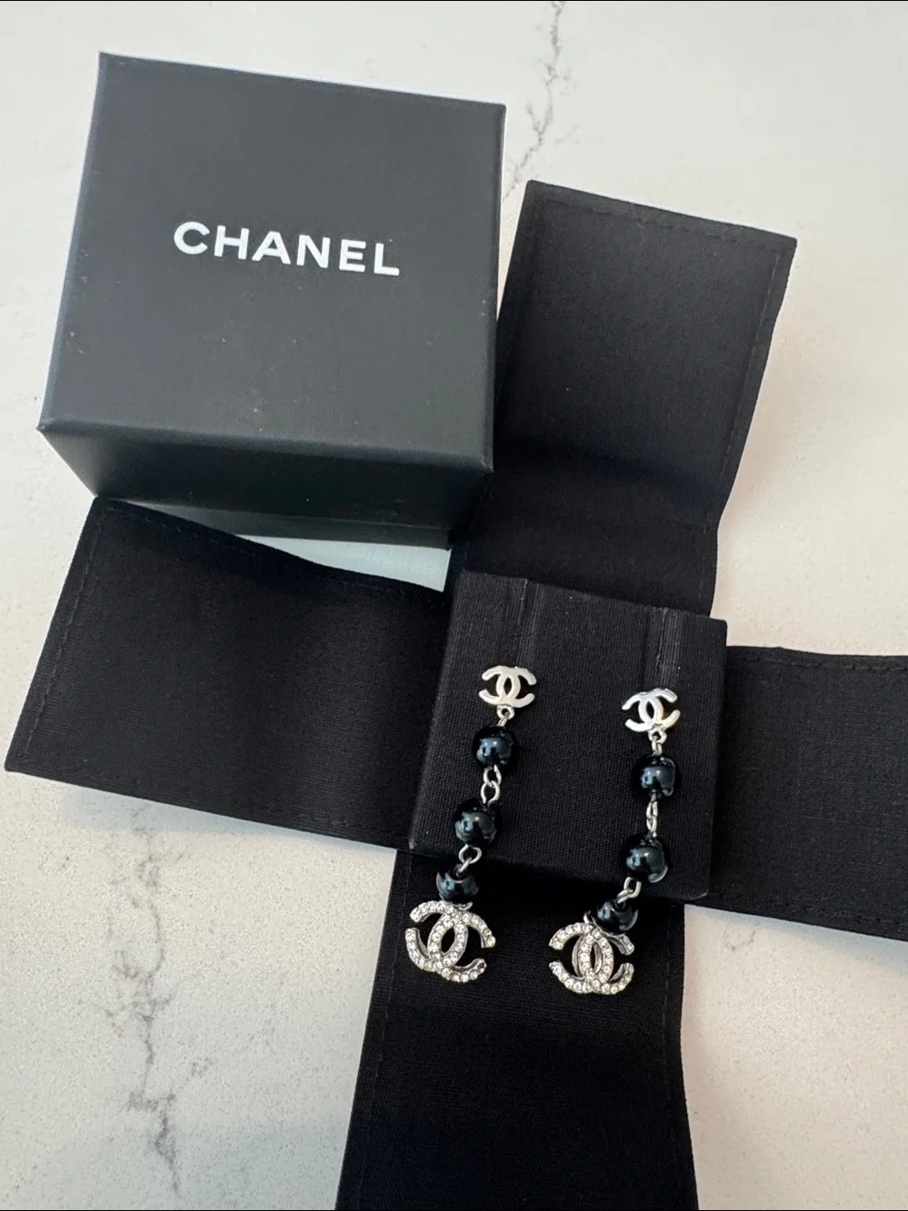 Chanel Black Bead Drop Earrings with Crystal CC Charm